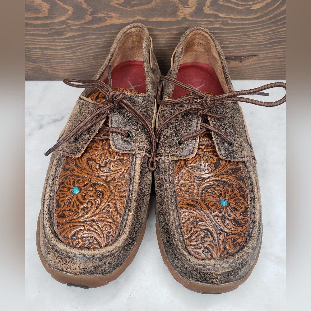 Twisted x driving moc shoes tooled floral leather turquoise stone size 9 M - Picture 4 of 10